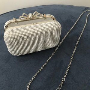 FANCY Silver Faux Diamond Evening Box Clutch Bag